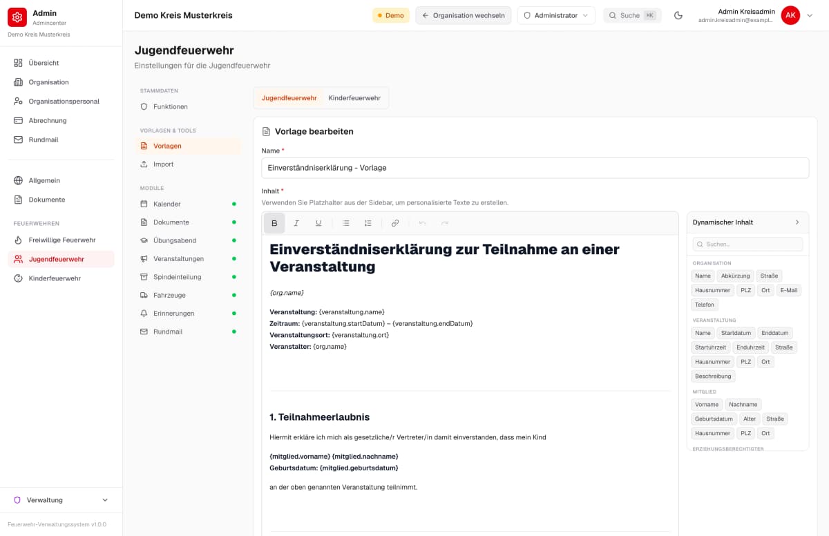 Einverständnisvorlage mit Text und Platzhaltern für die Jugendfeuerwehr – Beispieldaten