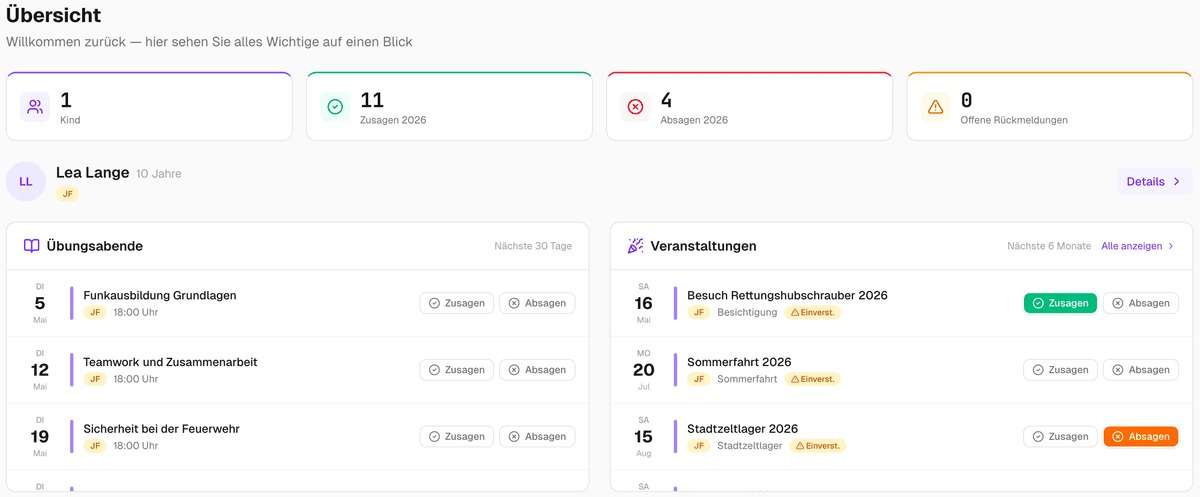 Screenshot der Eltern-Übersicht mit Kindern, Zu- und Absagen, Übungsabenden und Veranstaltungen