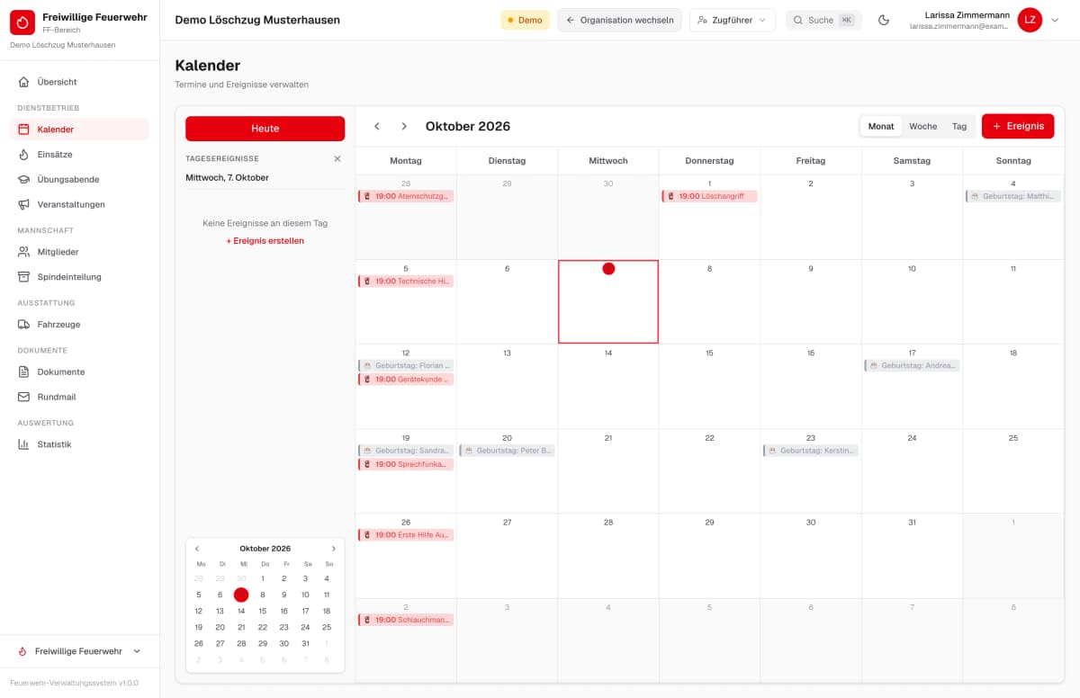 Monatskalender mit den Terminen der Feuerwehr – Beispieldaten