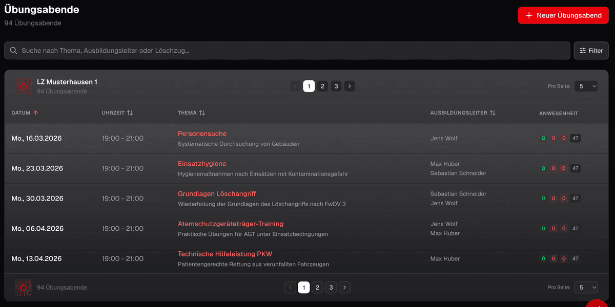 Screenshot der Übungsabend-Planung