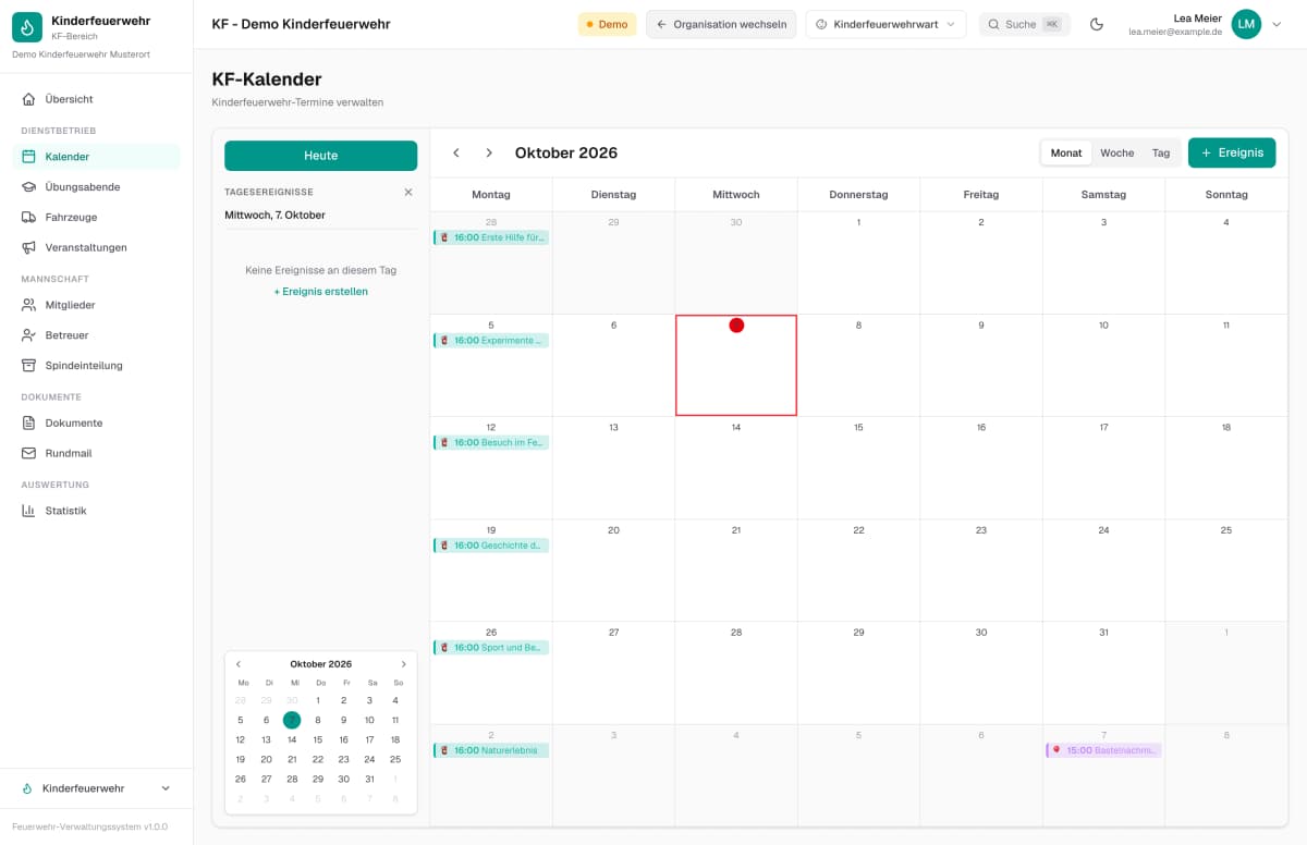 Kalender der Kinderfeuerwehr mit Gruppenstunden und Veranstaltungen – Beispieldaten