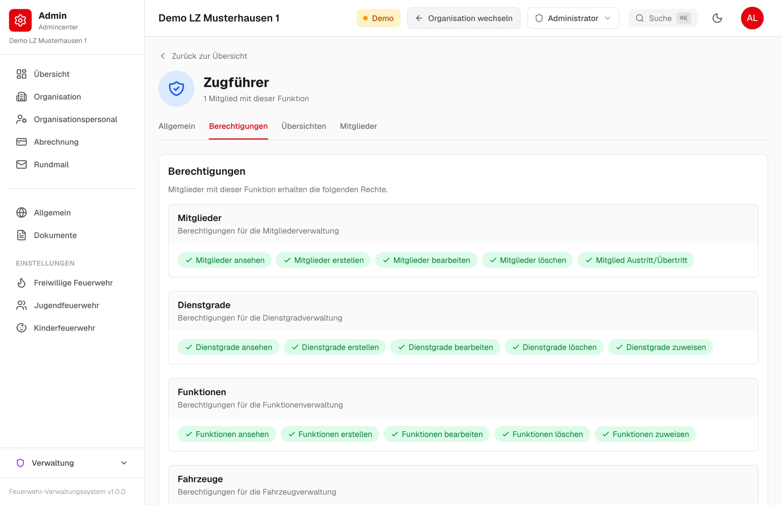 Berechtigungen der Funktion Zugführer, gruppiert nach Bereichen wie Mitglieder, Dienstgrade und Funktionen – Beispieldaten