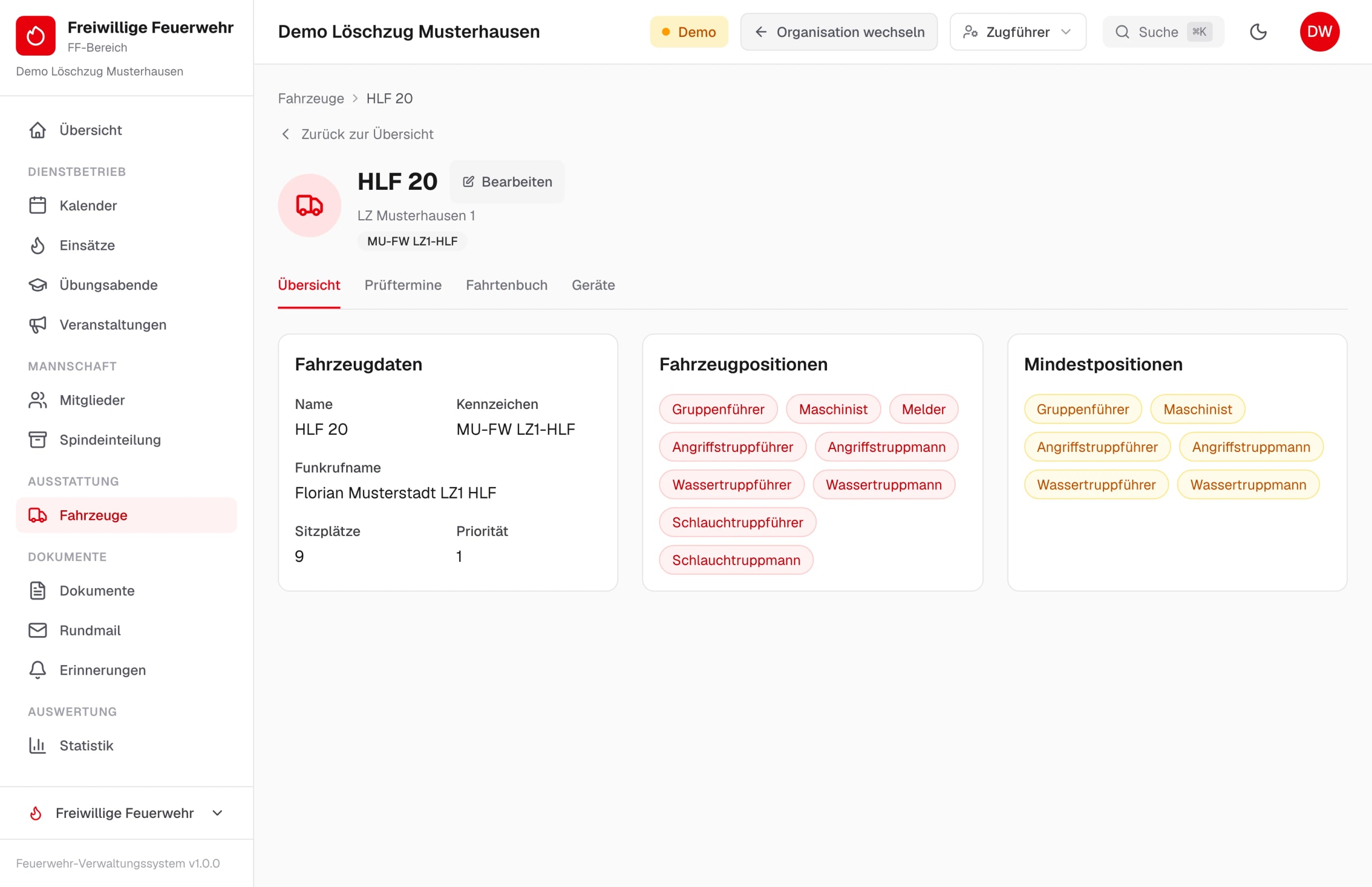 Fahrzeug HLF 20 mit Kennzeichen, Funkrufname, Sitzplätzen, Fahrzeugpositionen und Mindestbesetzung – Beispieldaten