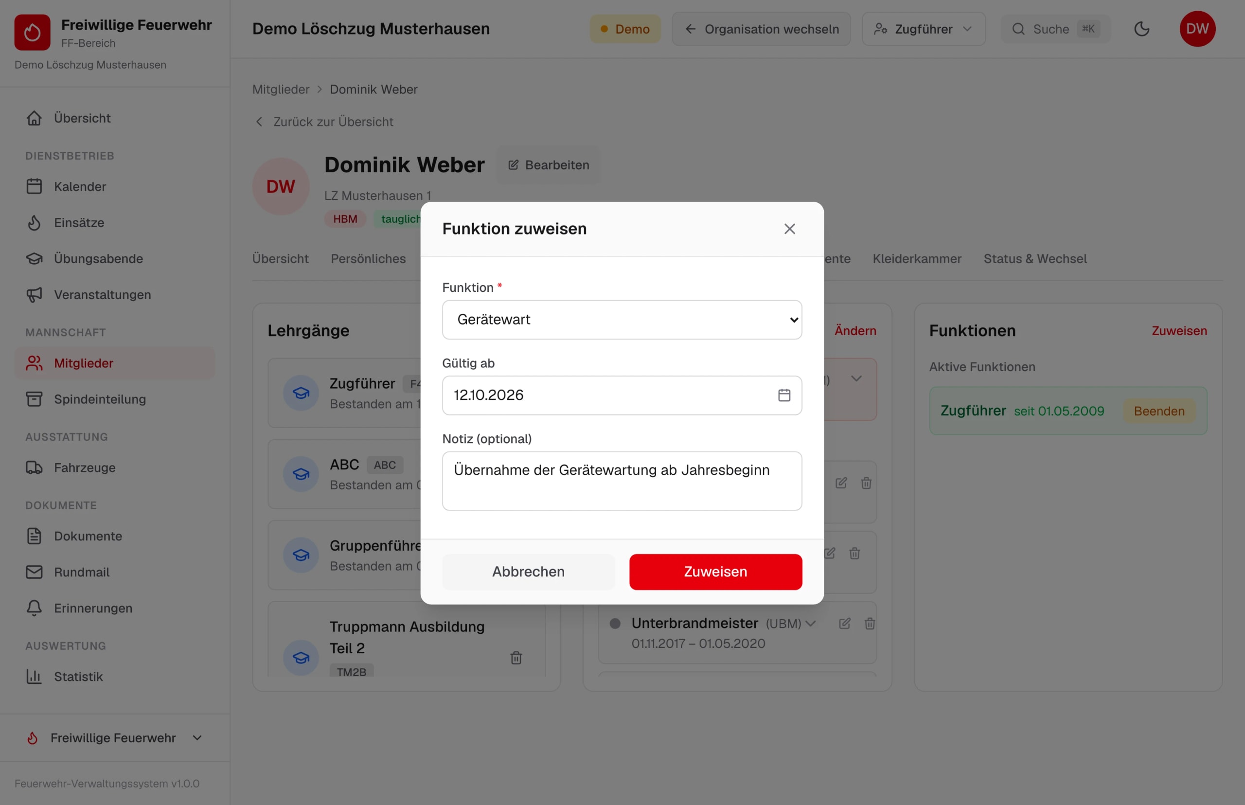 Funktion „Gerätewart“ einem Mitglied zuweisen, mit Beginn und Notiz – Beispieldaten