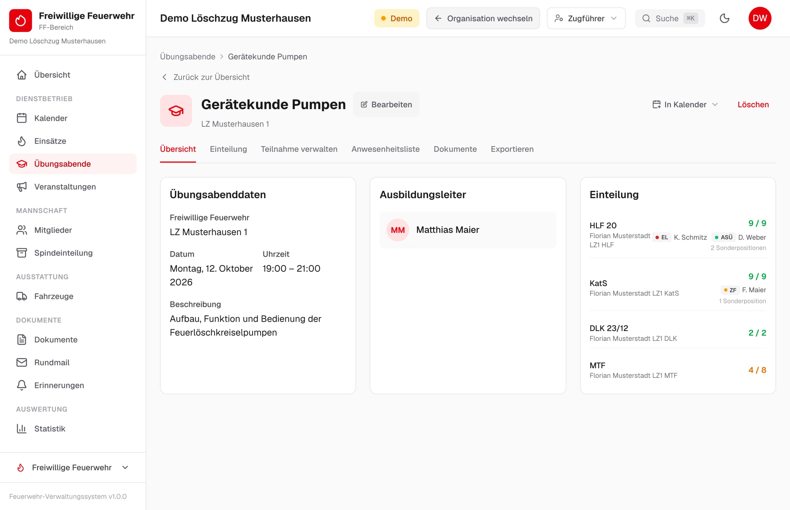 Übungsabend mit Thema, Zeitraum, Ausbildungsleitung und Fahrzeugeinteilung – Beispieldaten
