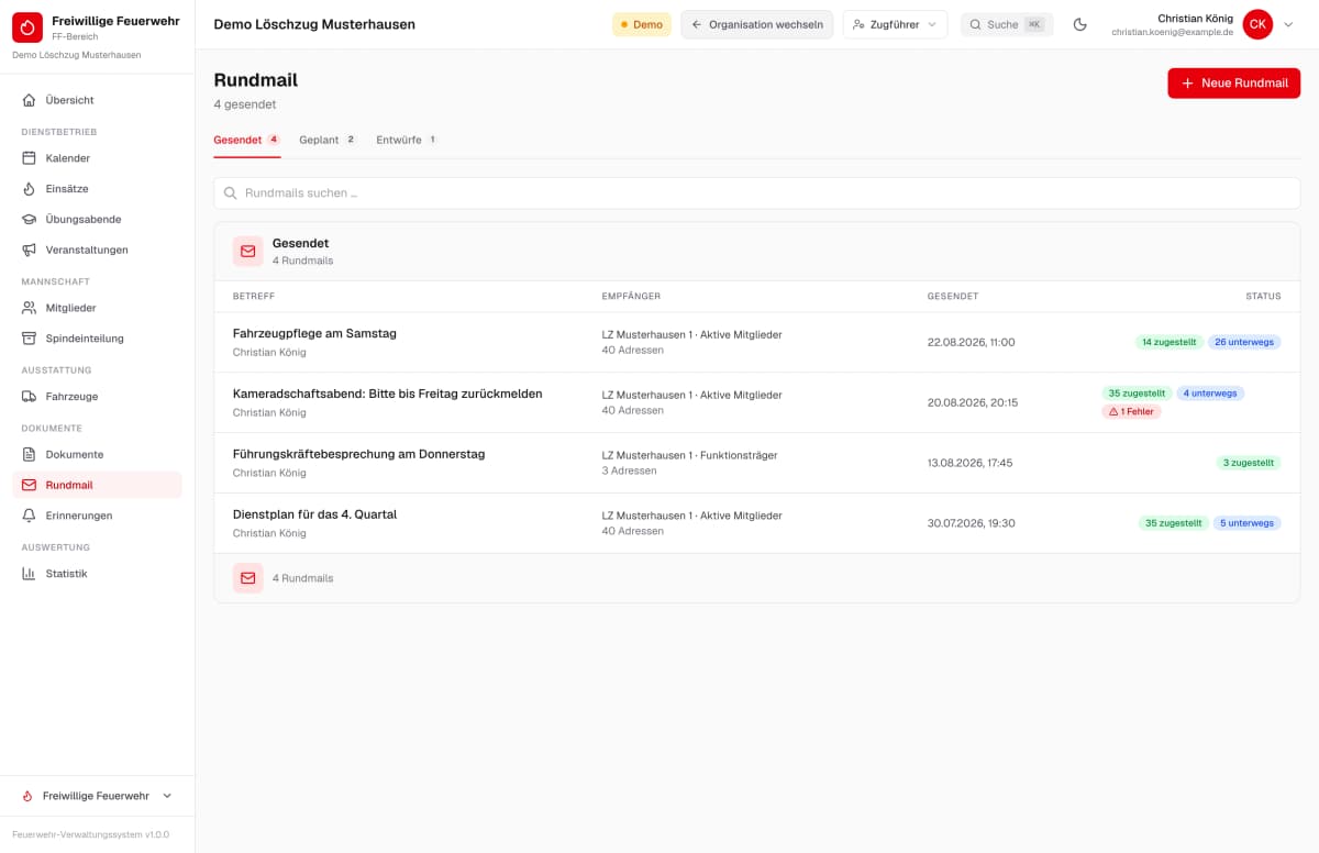 Rundmail-Übersicht der Freiwilligen Feuerwehr mit den Bereichen Gesendet, Geplant und Entwürfe sowie vier gesendeten Rundmails mit Empfängern, Sendedatum und Zustellstatus – Beispieldaten