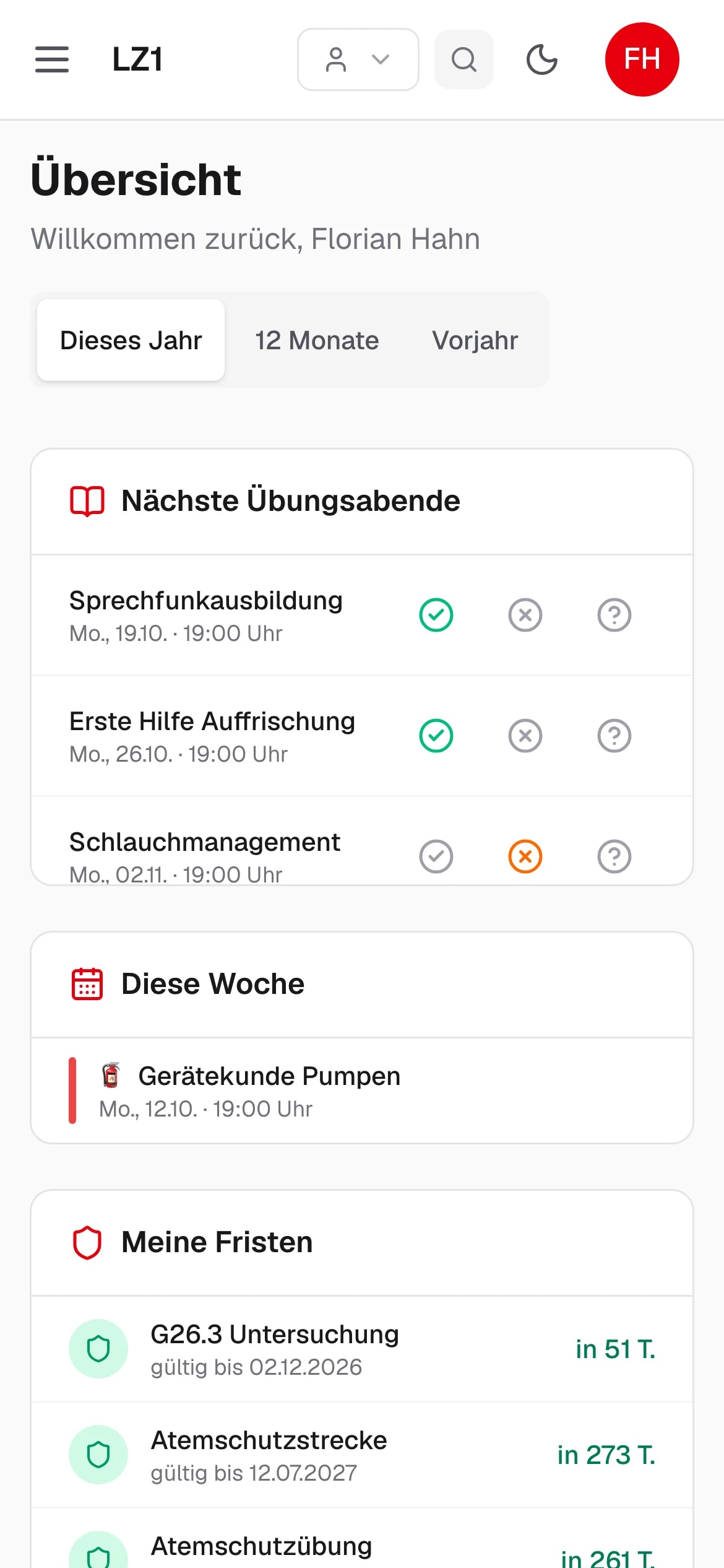 FWVS auf dem Smartphone: Mitglied sieht die nächsten Übungsabende und sagt zu oder ab – Beispieldaten