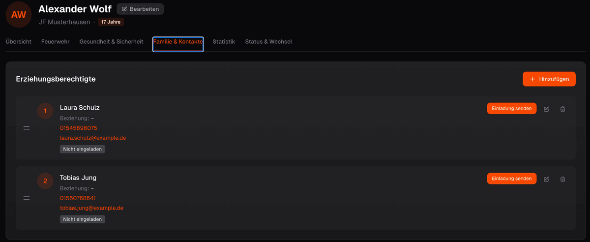 Screenshot der Erziehungsberechtigten-Liste
