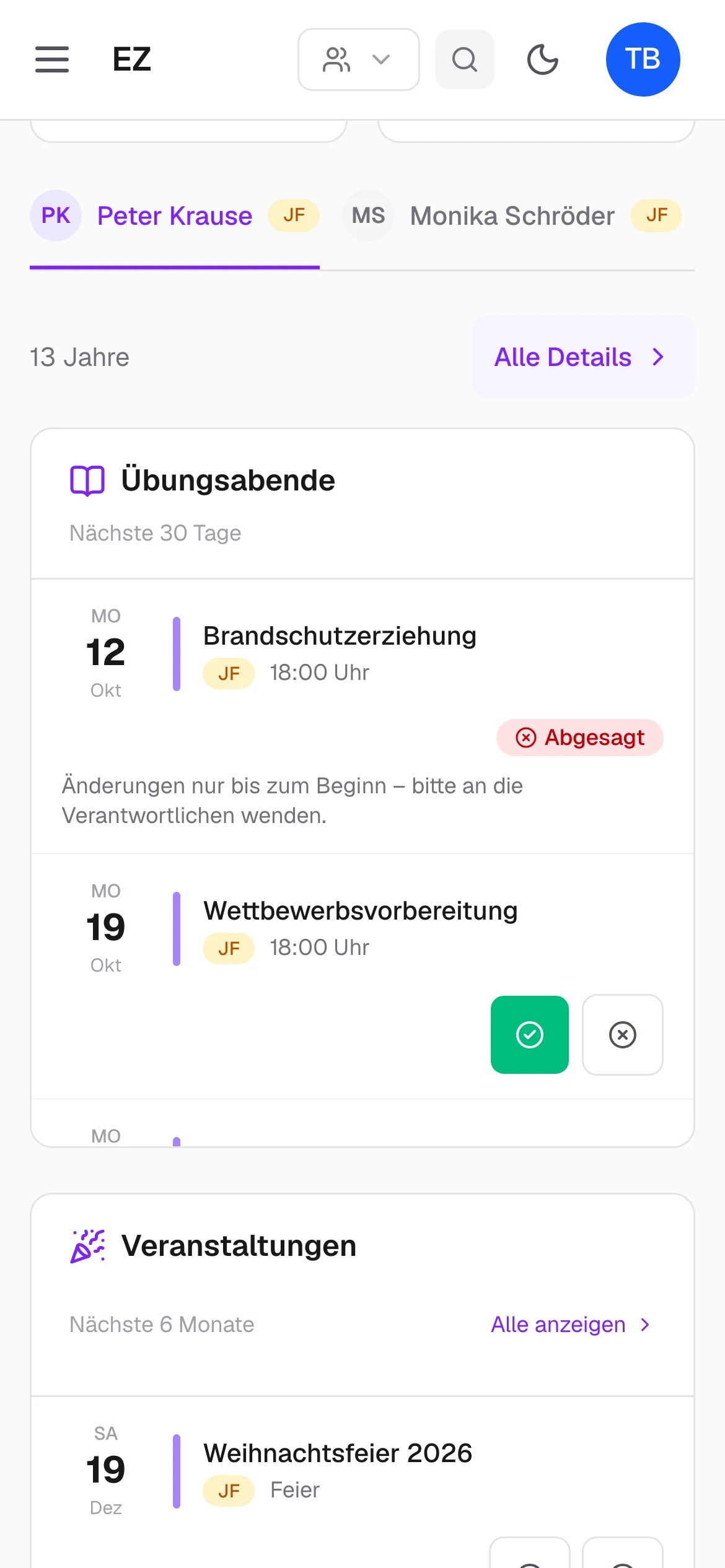 Elternzugang auf dem Smartphone: Übungsabende und Veranstaltungen des Kindes mit Zu- oder Absage – Beispieldaten