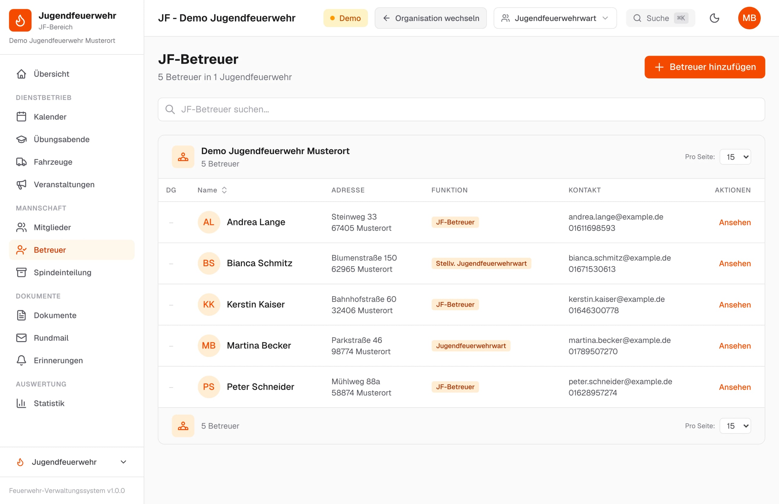 Betreuerliste der Jugendfeuerwehr mit Funktion und Kontaktdaten – Beispieldaten