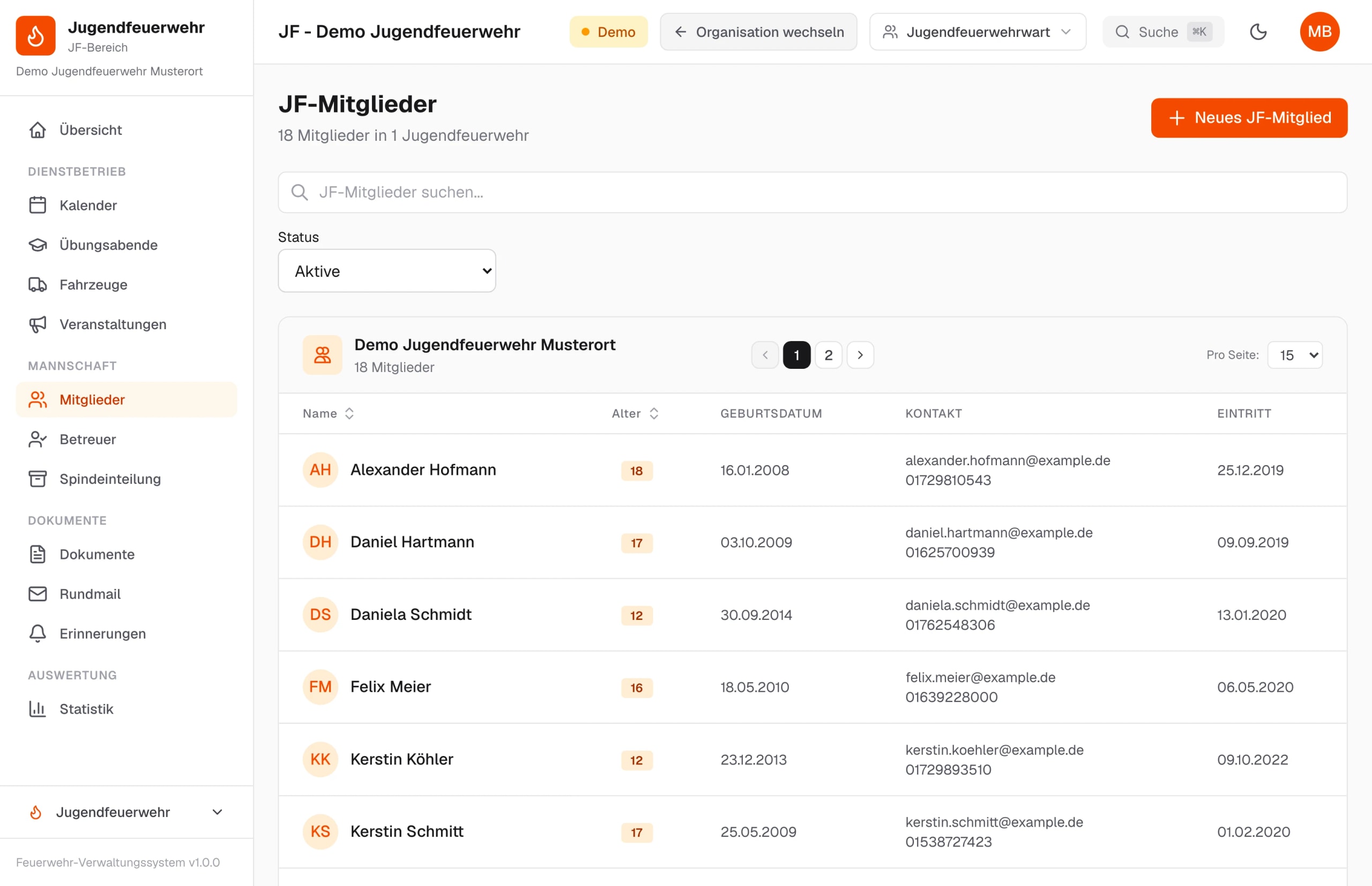 Mitgliederliste der Jugendfeuerwehr mit Alter, Geburtsdatum, Kontakt und Eintritt – Beispieldaten