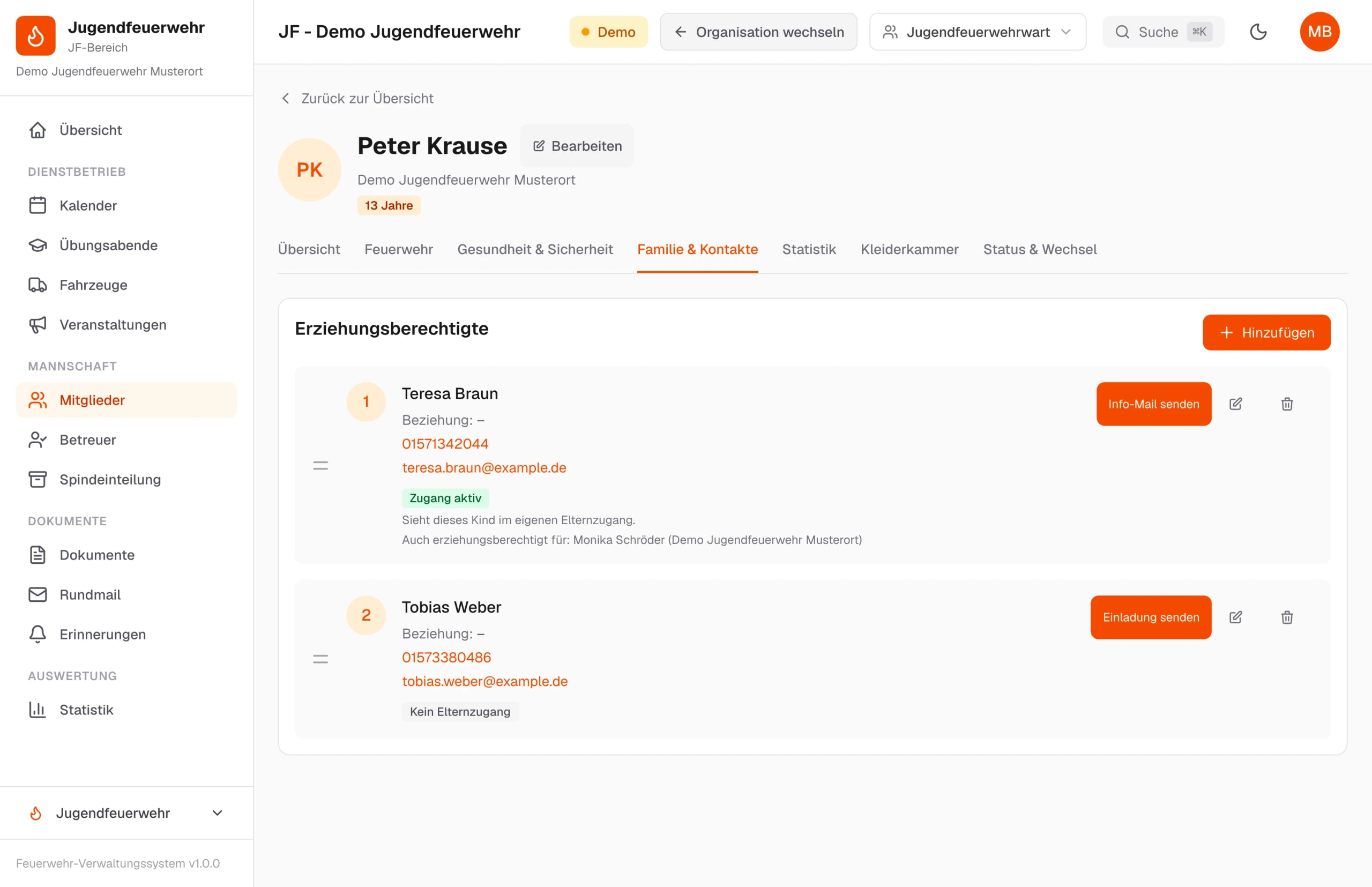 Familie & Kontakte eines Mitglieds: zwei Erziehungsberechtigte, einer mit aktivem Elternzugang – Beispieldaten