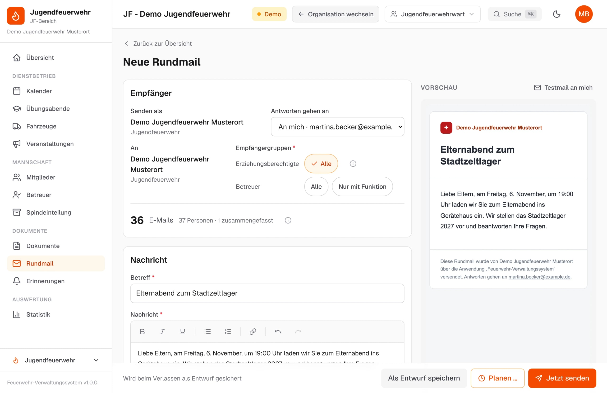 Rundmail an die Erziehungsberechtigten verfassen, mit Vorschau – Beispieldaten