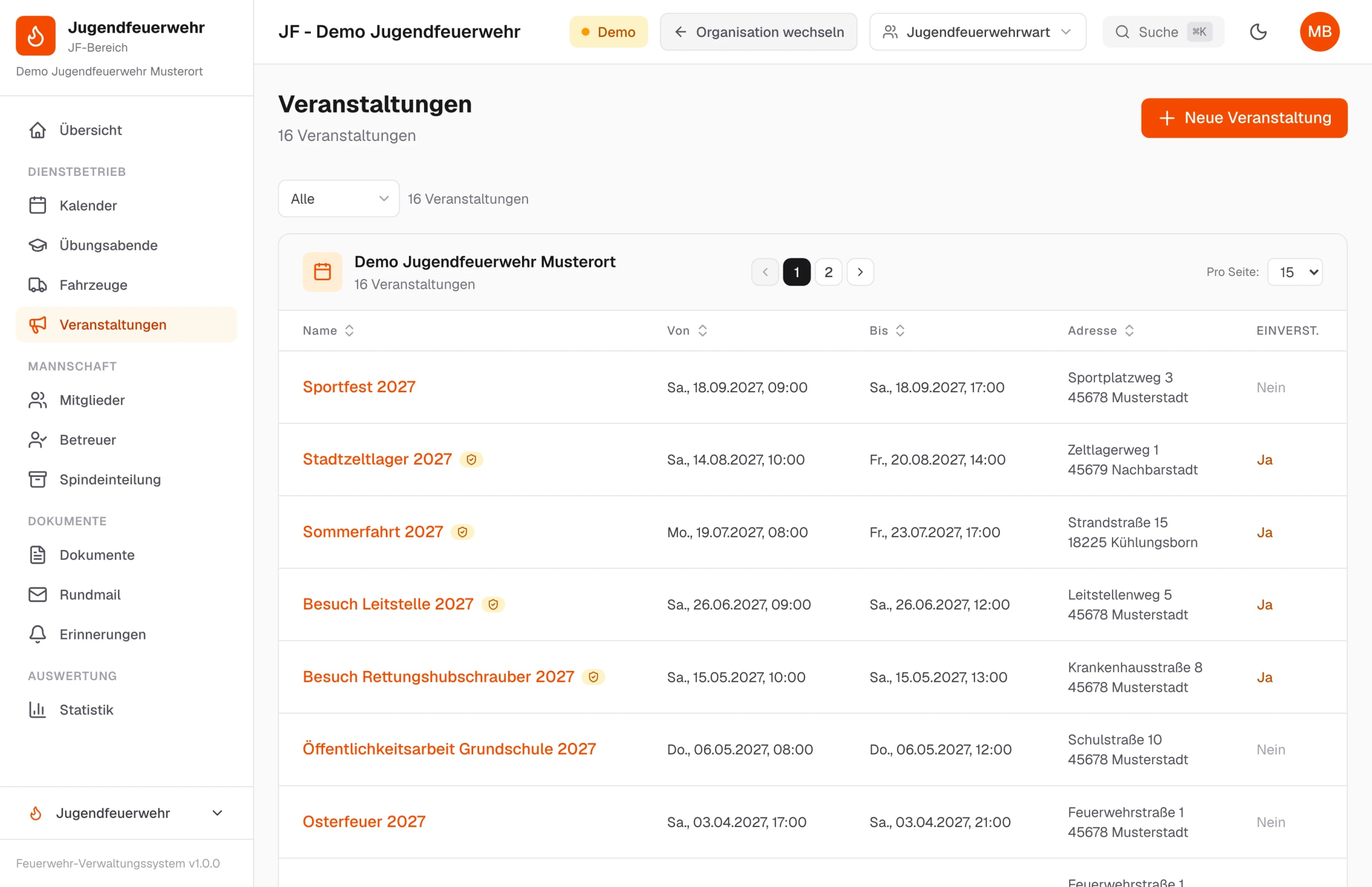 Liste der Veranstaltungen der Jugendfeuerwehr mit Zeitraum, Adresse und Einverständnis – Beispieldaten