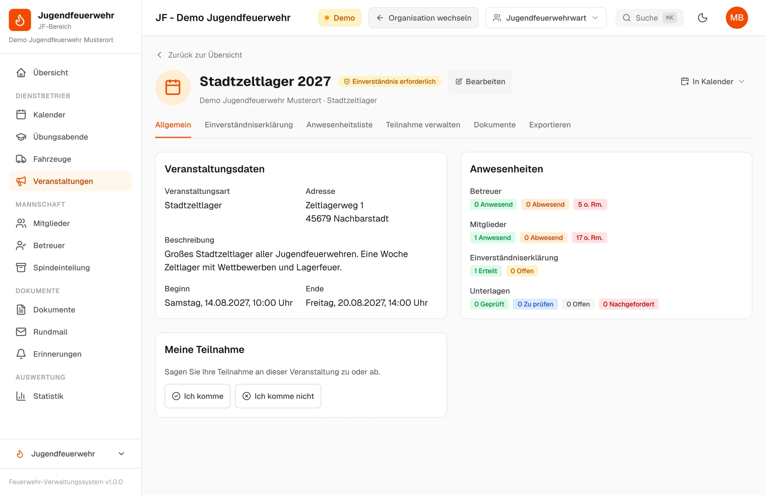 Stadtzeltlager 2027 mit Veranstaltungsdaten (Ort, Zeitraum) und Stand der Anwesenheiten – Beispieldaten