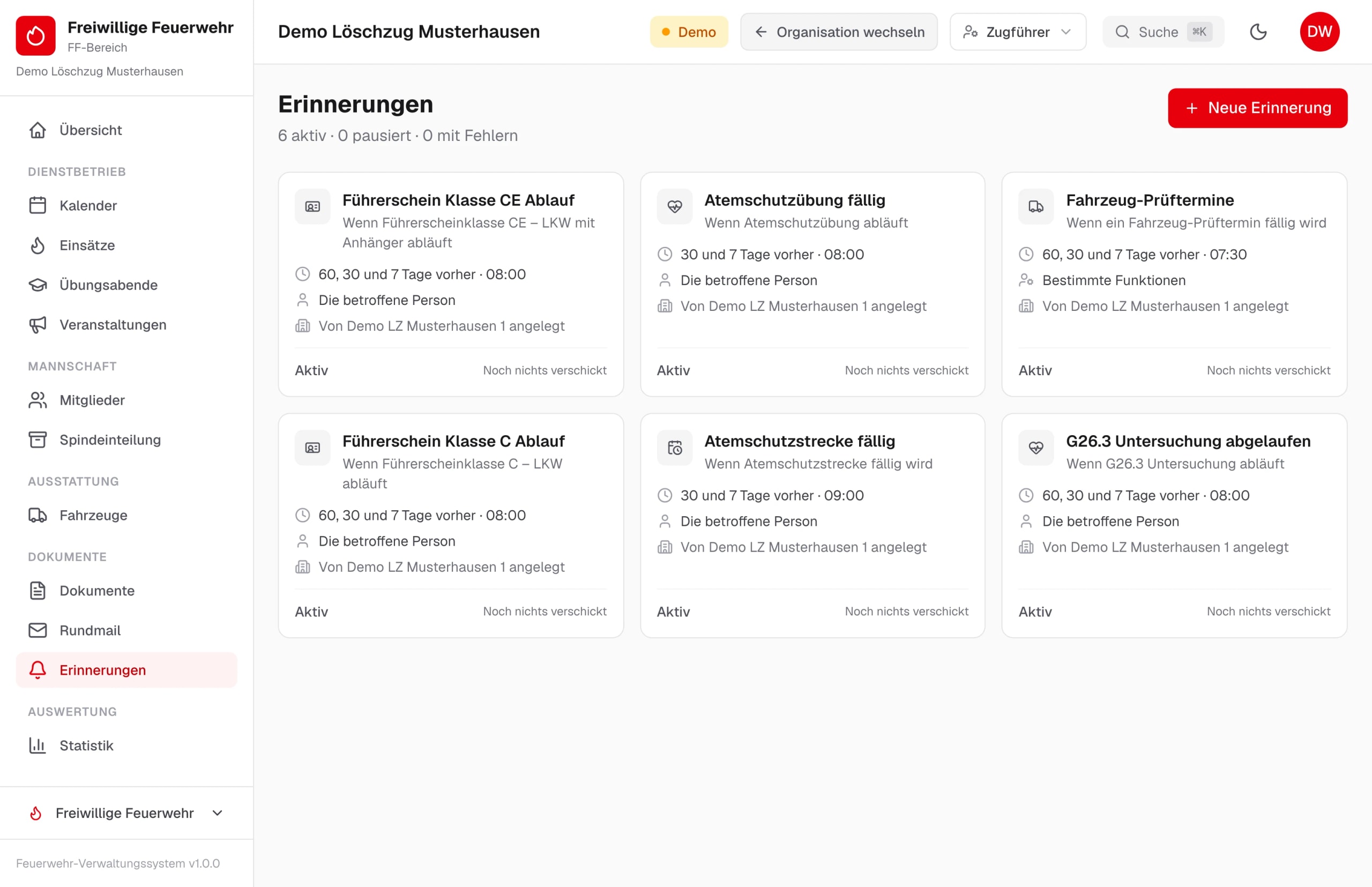 Liste der Erinnerungsregeln mit Vorlauf und Empfängern – Beispieldaten