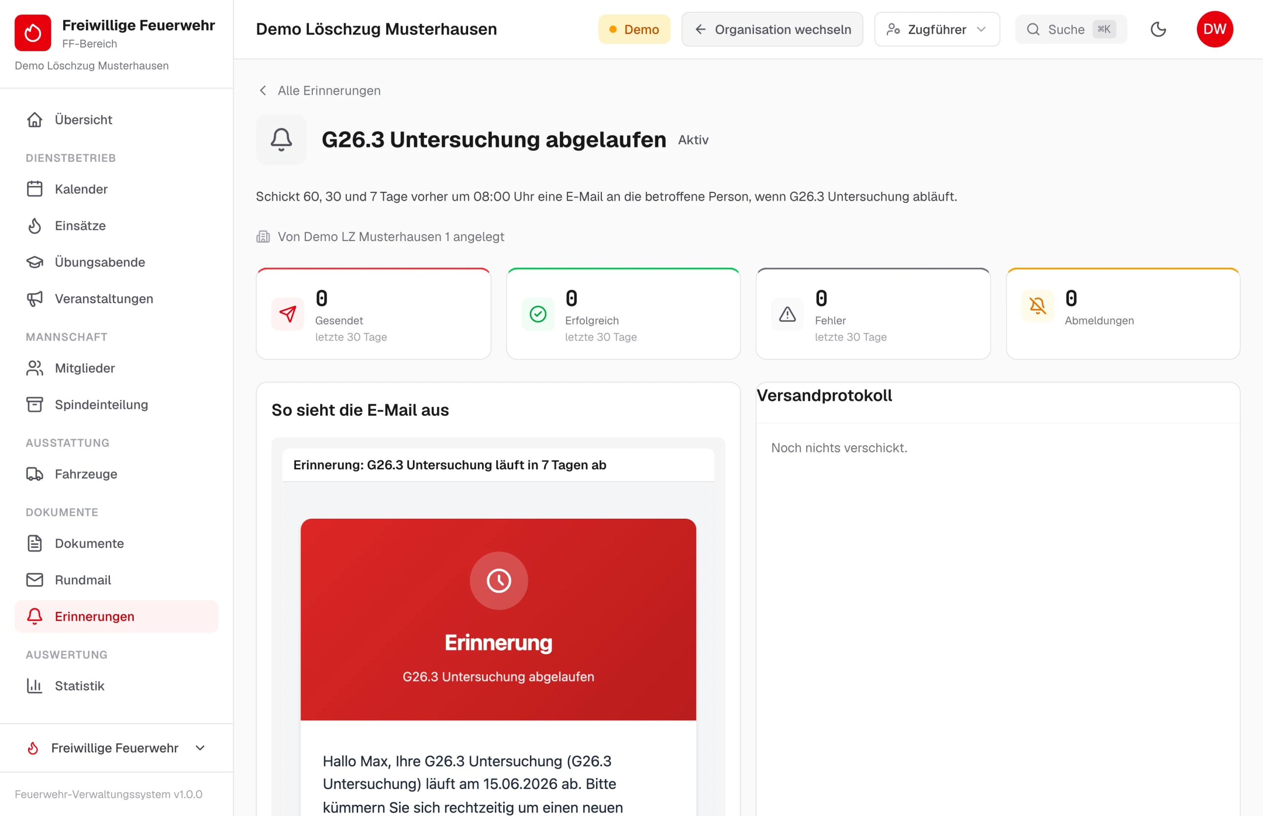 Erinnerung „G26.3 Untersuchung abgelaufen“ mit Vorlauf, E-Mail-Vorschau und Versandprotokoll – Beispieldaten